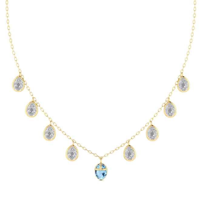 Scarab Outline Blue Topaz Necklace with Clear Quartz